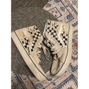 Vans Sk8-Hi Flame Checkerboard Cream Black High Top Sneakers Men 8.5 Women 10